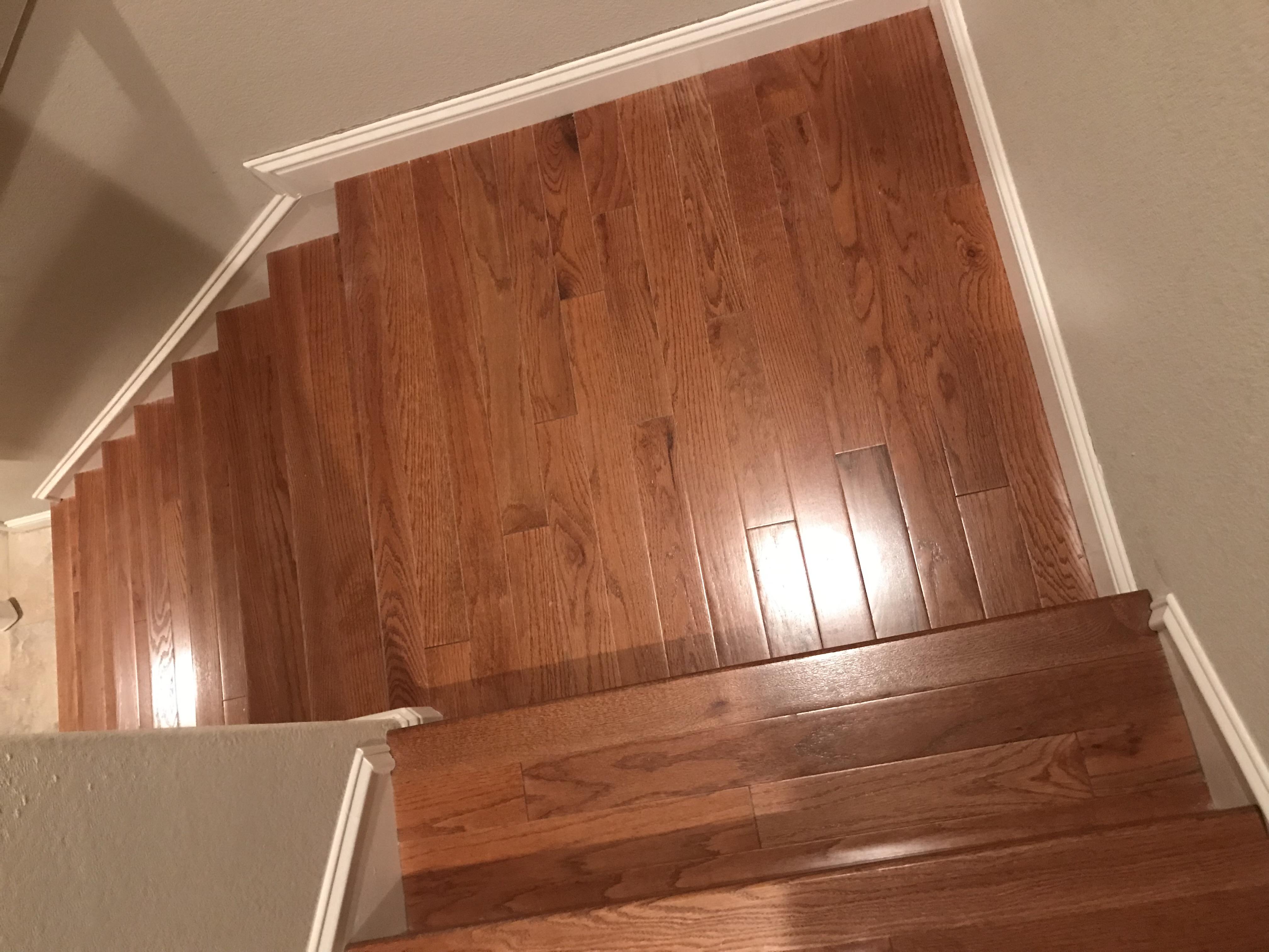 Red oak stair treads with white risers in a Lincoln, CA home