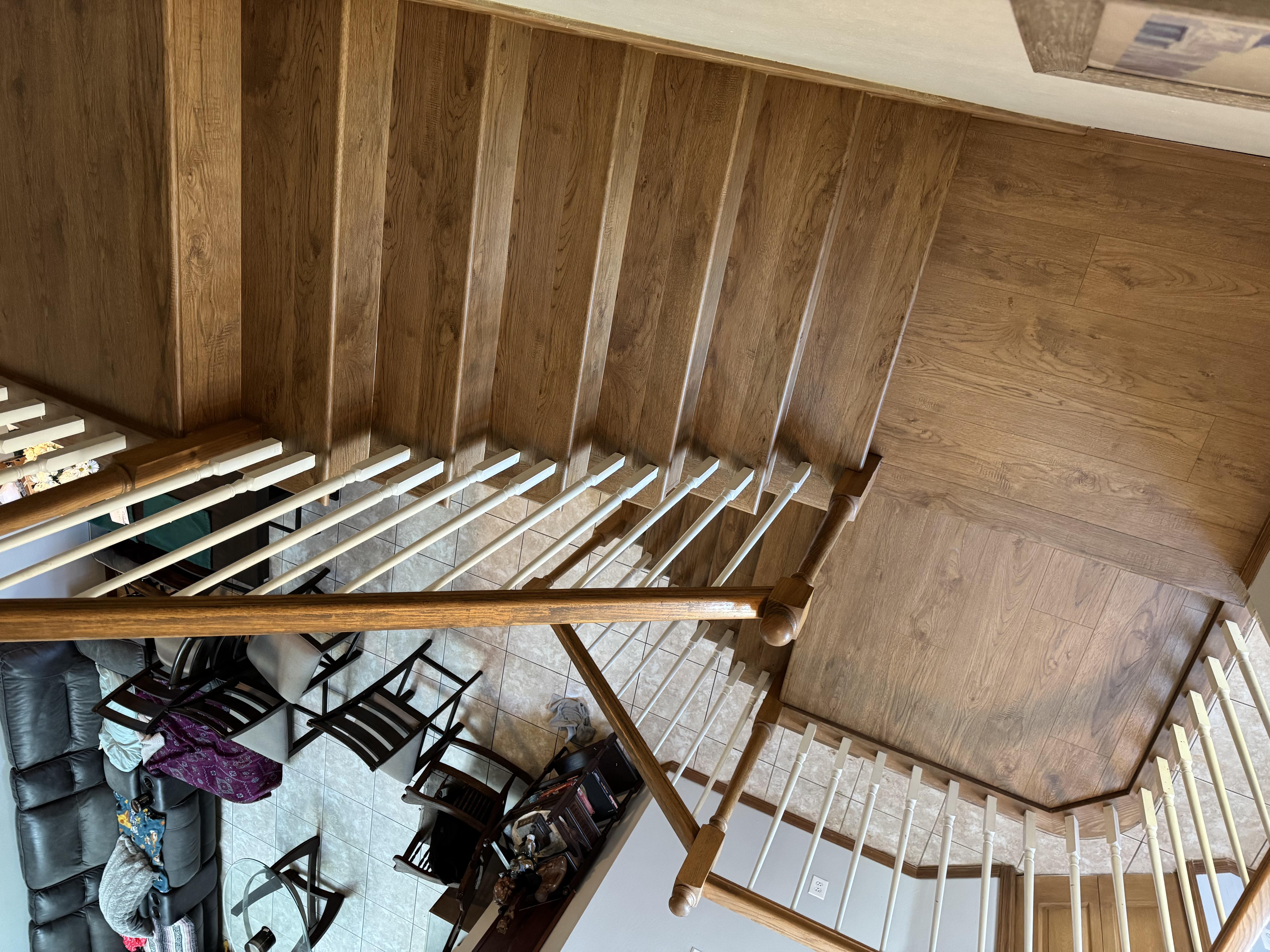 Solid oak staircase installation viewed from above in a Folsom, CA home